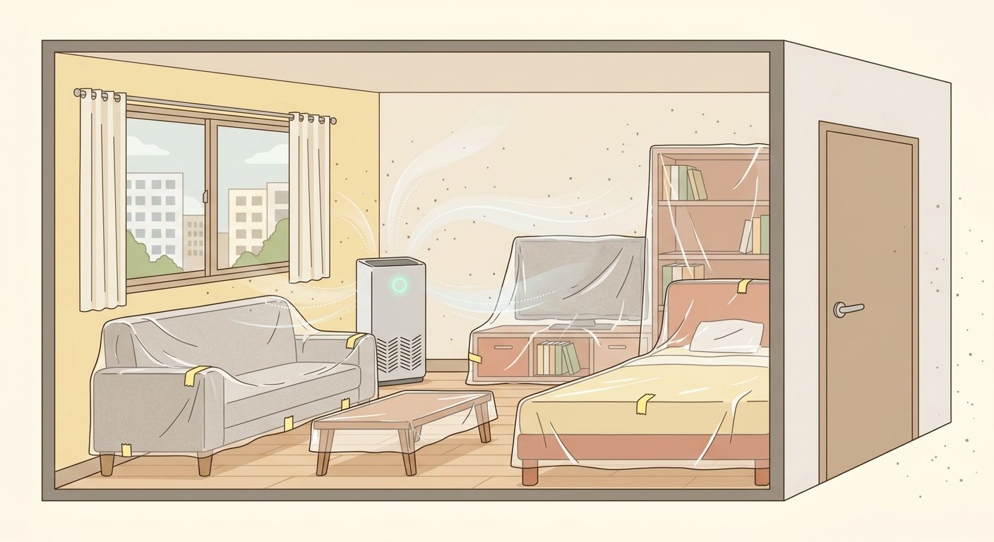 작업 중인 창 주변은 보양을 하고 공기청정기를 활용하면 먼지 부담을 줄일 수 있습니다.